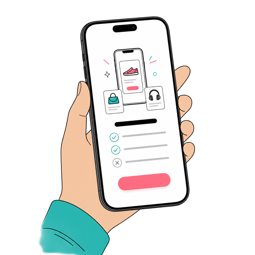 Illustration of a hand holding a phone showing the TikTok Shop Affiliate eligibility screen with all three criteria met